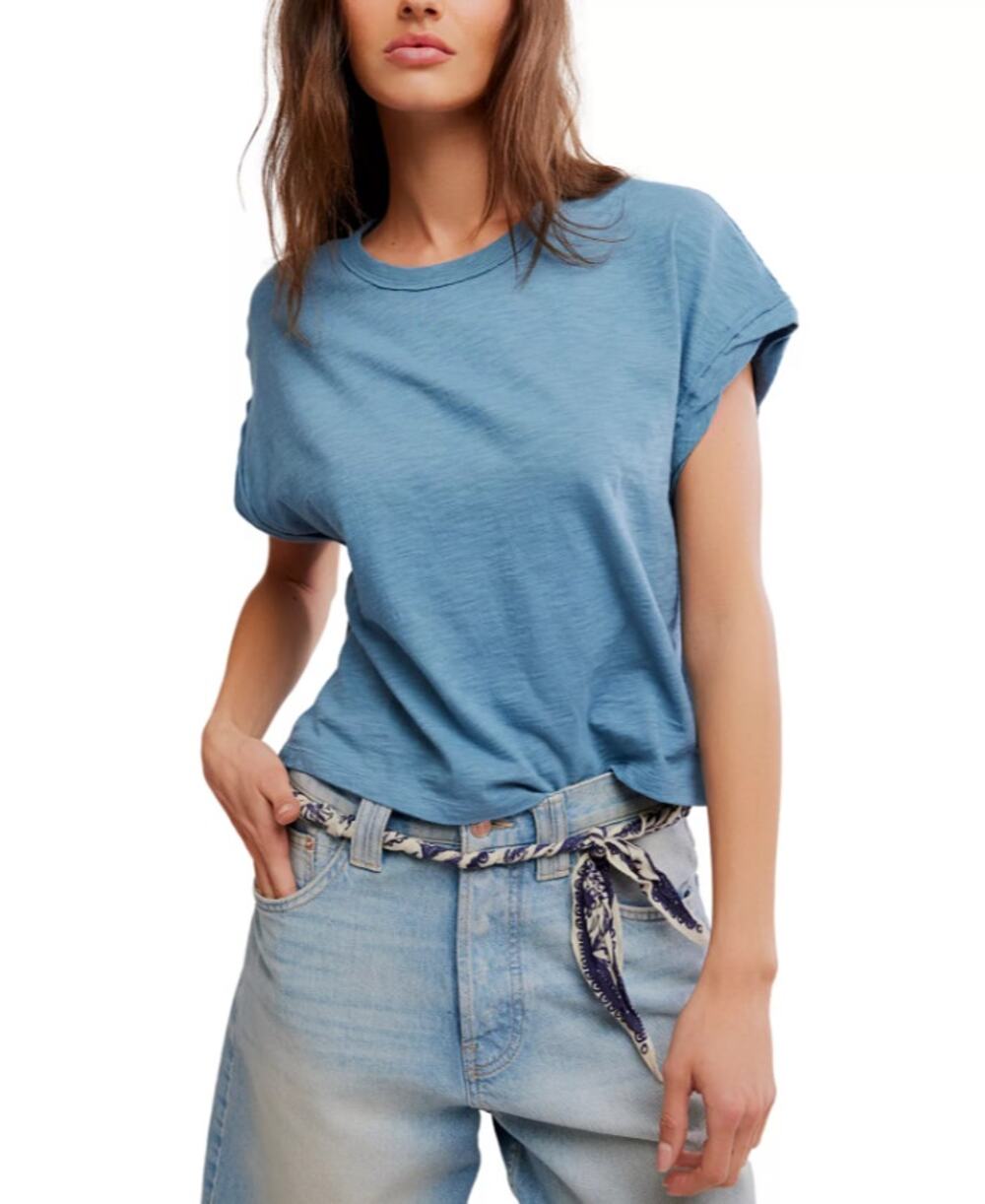 Free People Women's Medium Blue You Rock Short-Sleeve Cropped Tee Shirt E1-2